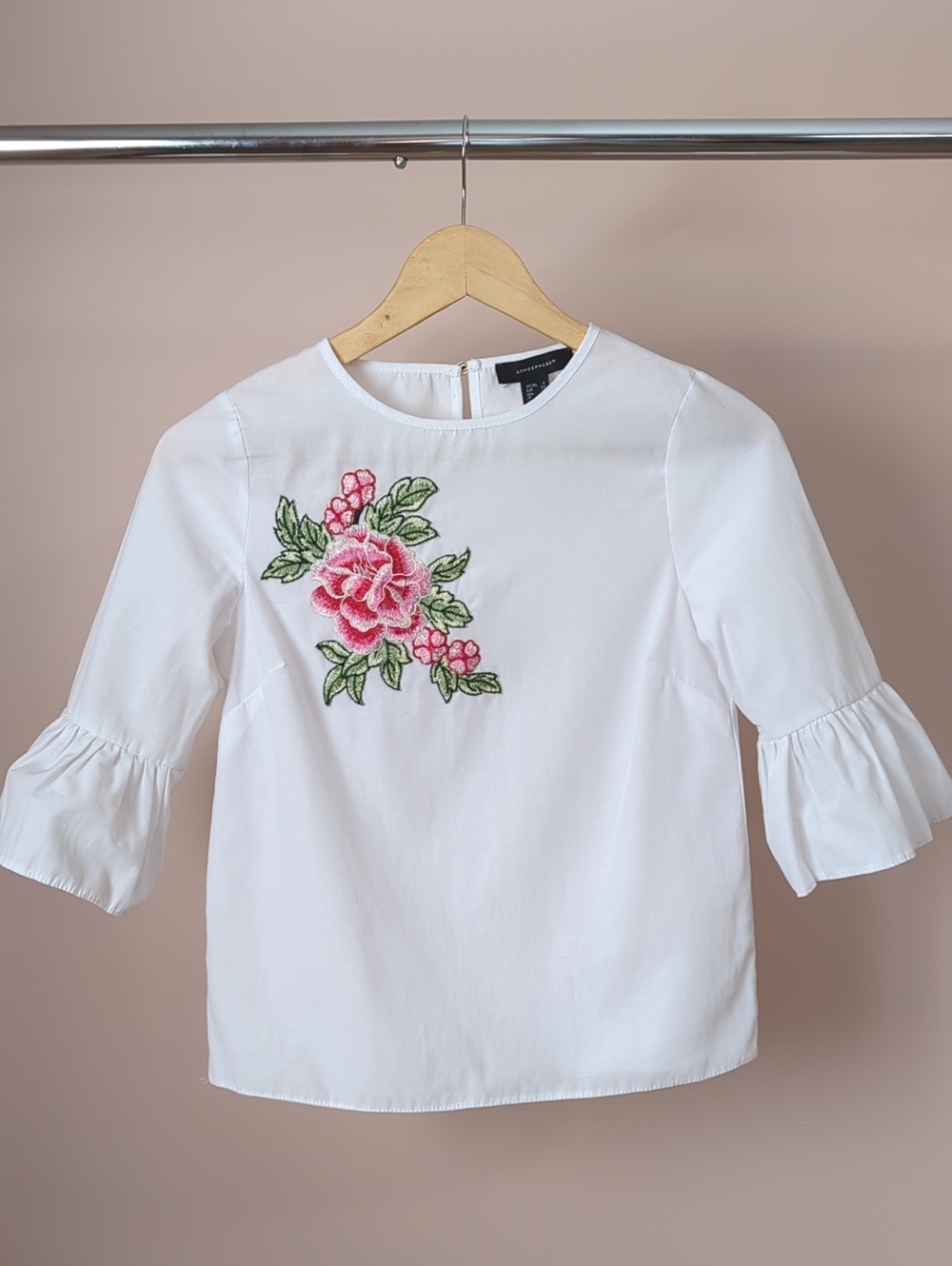 Atmosphere White Blouse with Pink Floral Embroidery